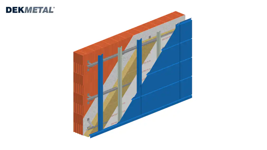 Osazení pohledových prvků (Montáž nosného roštu fasádního systému DEKMETAL pro plechové obkladové prvky provětrávané fasády)