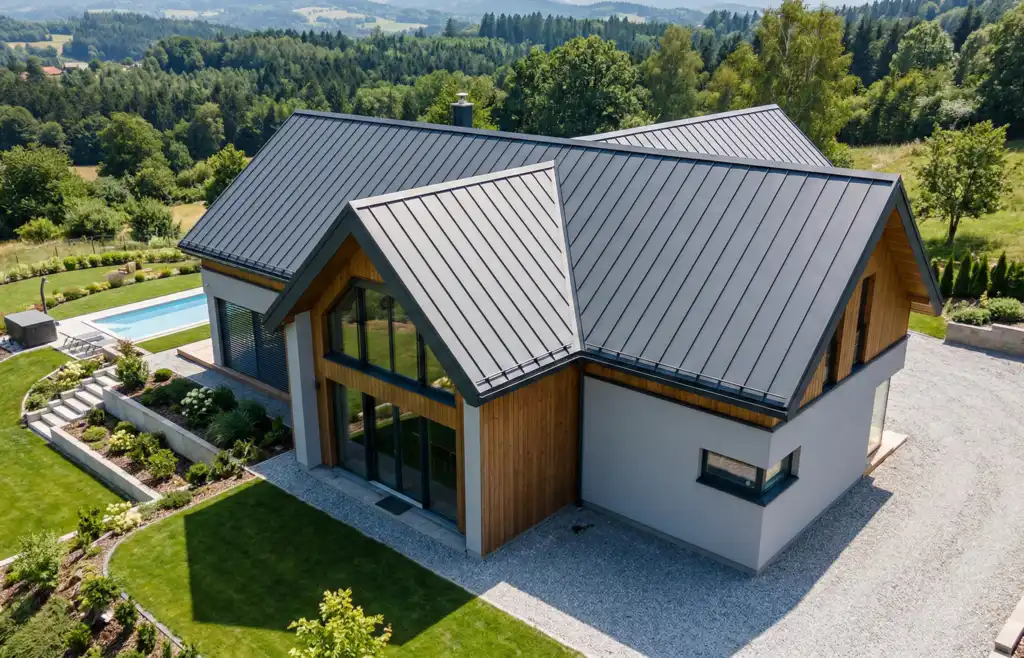 Dronový záběr moderního rodinného domu s členitou střechou z klik krytiny LINEDEK v antracitové barvě v přírodní krajině.