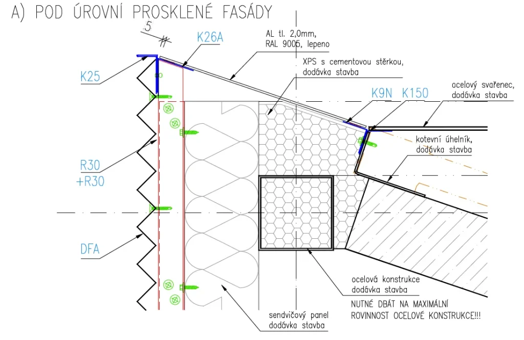 Detail skladby profilu SEGA - pod úrovní prosklené fasady