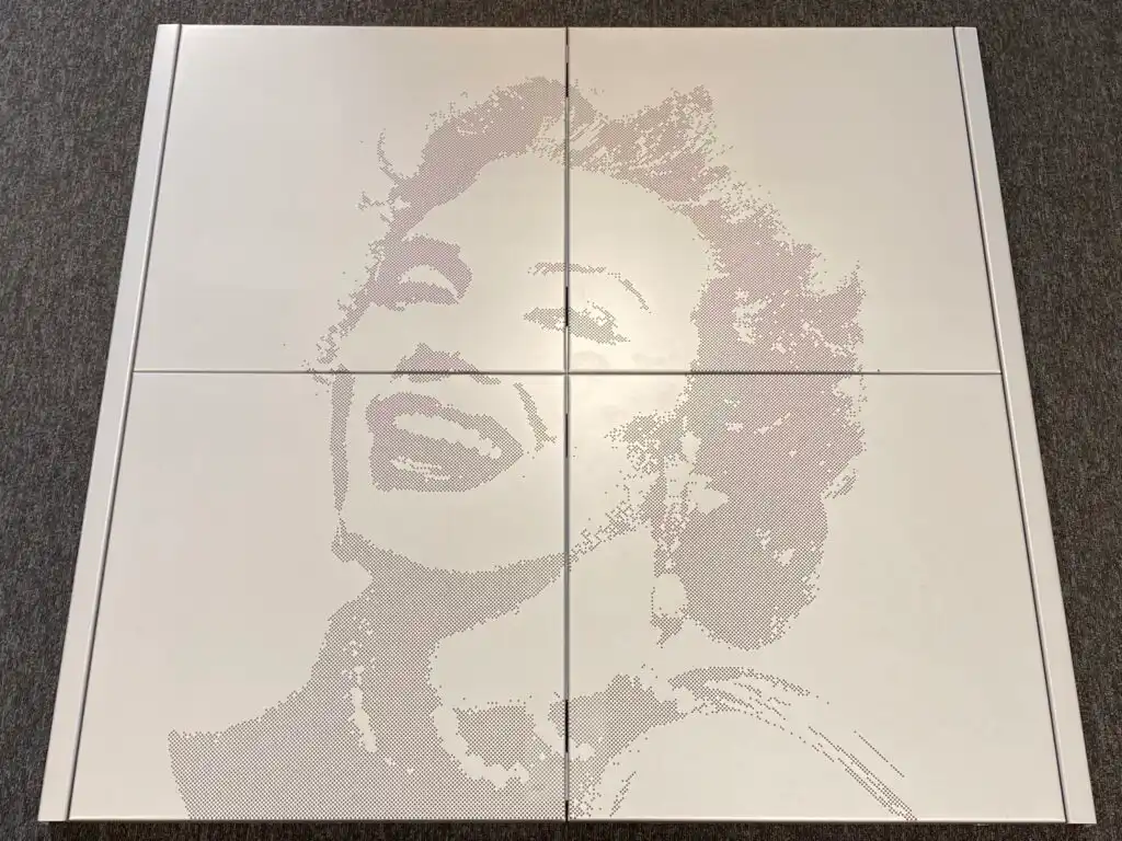 Finální realizace obrazové fasádní perforace na kovových kazetách