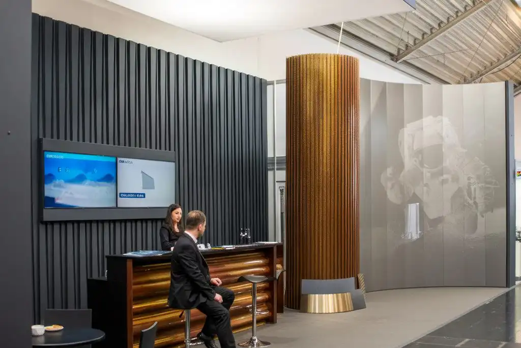 Vesmírný stánek DEKMETAL na BAU se skruženým a perforovaným DEKPROFILE FOR ARCHITECT, chameleonovým obložením pultu a perforovaným kosmonautem na kazetách DEKCASSETTE